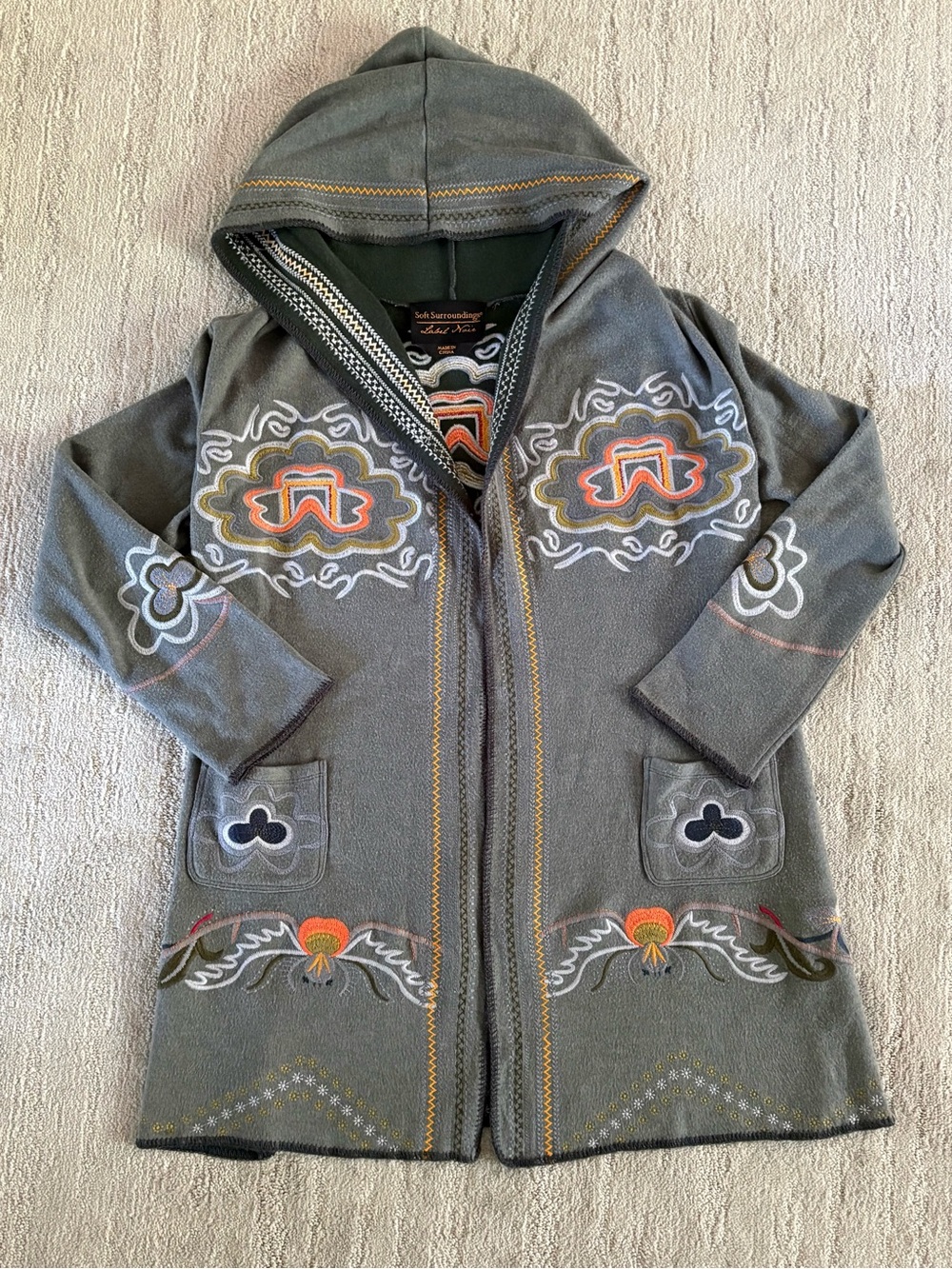 Soft Surroundings Label Noir Gray Embroidered Sweater Coat Hoodie Boho